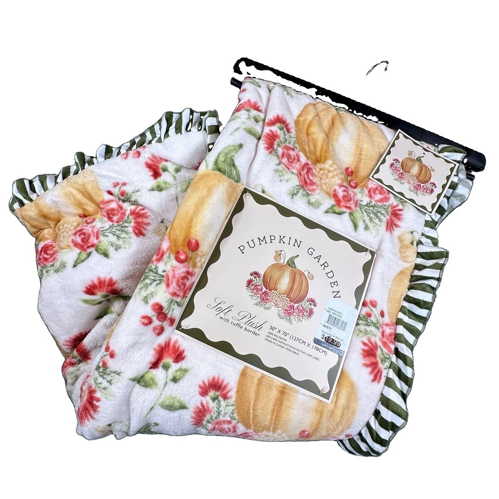 Fall Pumpkin Throw Blanket Cottage Ruffle Soft Plush Farmhouse Festive 50x70